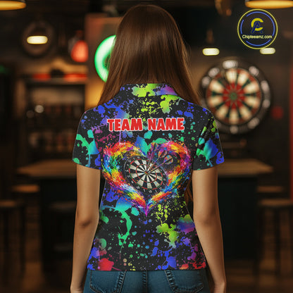 Heart Colorful Splatter Dartboard Women Darts Polo Shirt Custom Valentine Dart Couple Jerseys NYN2526