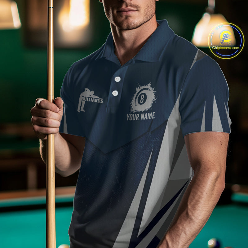 Personalized Dark Blue And Gray 8 Ball Billiard Pool Shirt For Men Custom Billiard Attire Team Jersey NYN3084