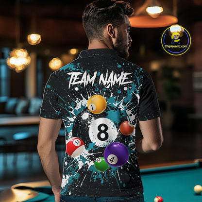 Black And Teal 8 Ball Pool Men Billiard Shirt Personalized Splatter Paint Billiard Jersey For Pooler NYN3088