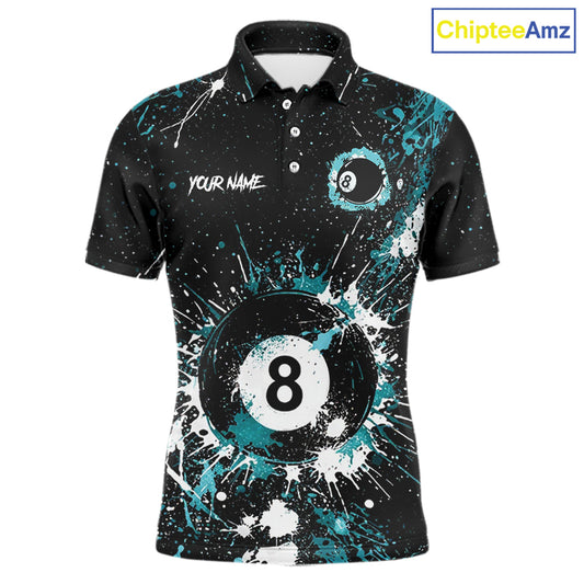 Black And Teal 8 Ball Pool Men Billiard Shirt Personalized Splatter Paint Billiard Jersey For Pooler NYN3088