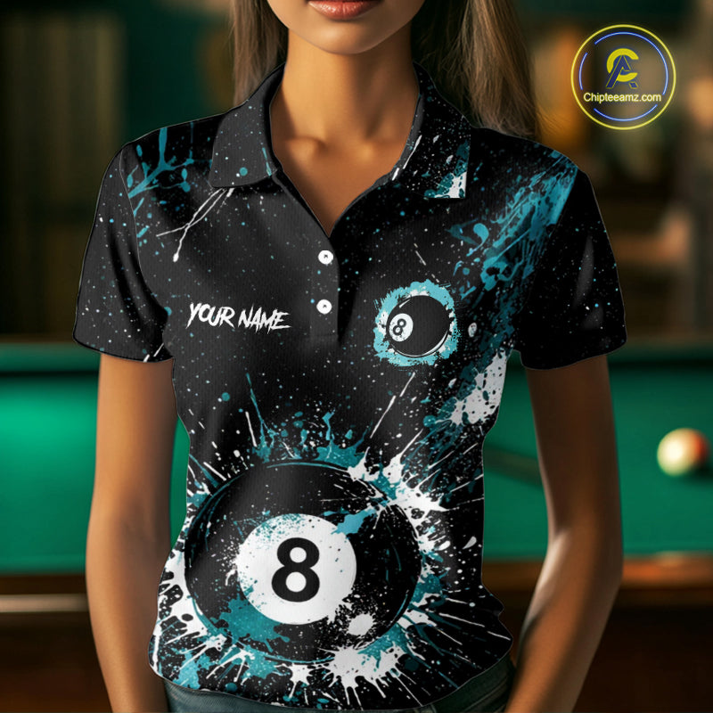 Black And Teal 8 Ball Pool Women Billiard Shirt Personalized Splatter Paint Billiard Jersey For Pooler NYN3088