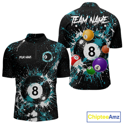 Black And Teal 8 Ball Pool Men Billiard Shirt Personalized Splatter Paint Billiard Jersey For Pooler NYN3088