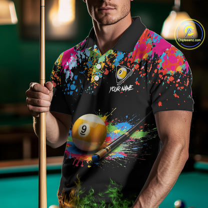 Colorful Paint & Flame 9 Ball Billiard Shirt For Men Personalized Cue Billiard Team Shirt NYN3089