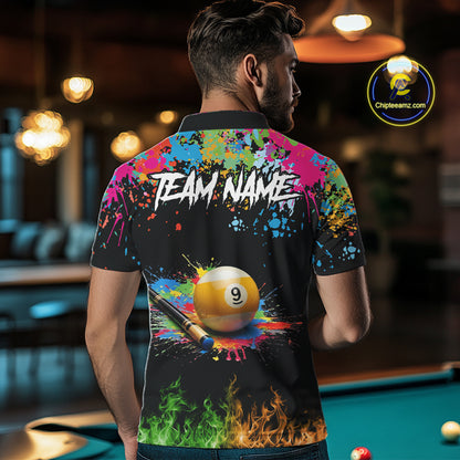 Colorful Paint & Flame 9 Ball Billiard Shirt For Men Personalized Cue Billiard Team Shirt NYN3089