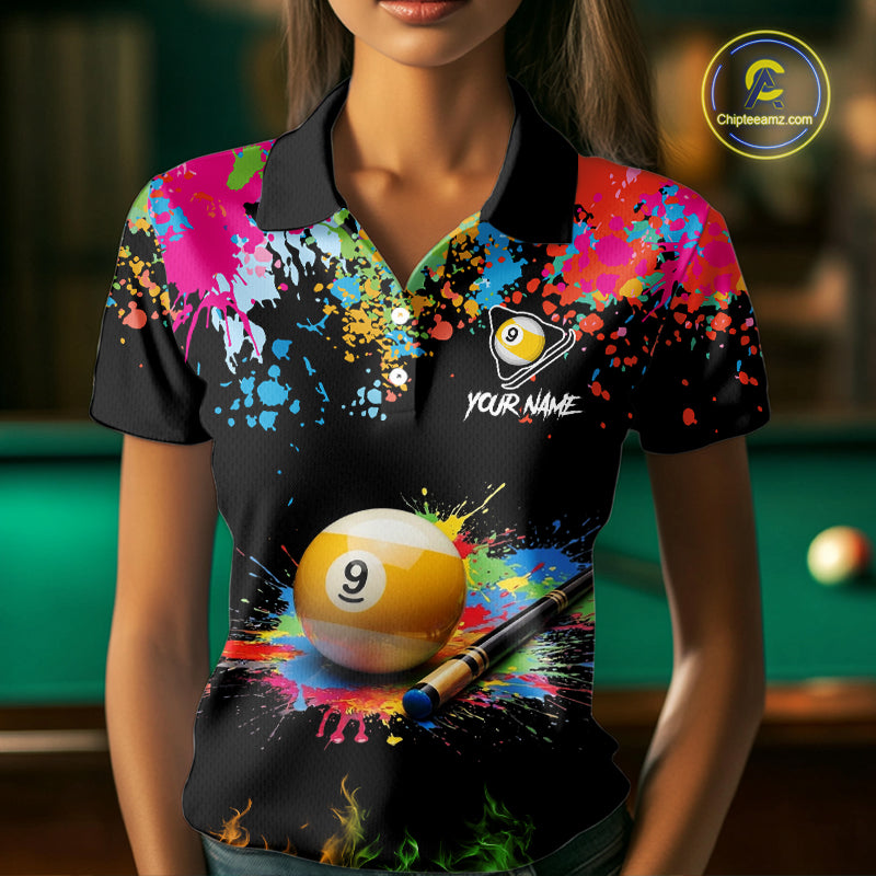 Colorful Paint & Flame 9 Ball Billiard Shirt For Women Personalized Cue Billiard Team Shirt NYN3089