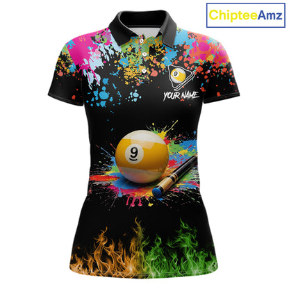 Colorful Paint & Flame 9 Ball Billiard Shirt For Women Personalized Cue Billiard Team Shirt NYN3089