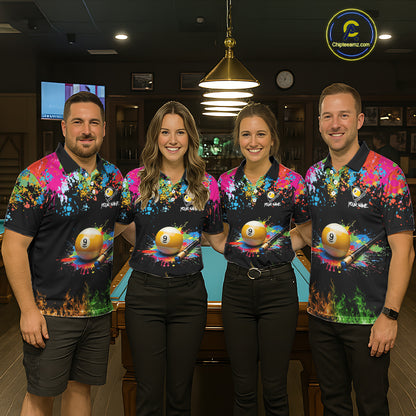 Colorful Paint & Flame 9 Ball Billiard Shirt For Women Personalized Cue Billiard Team Shirt NYN3089