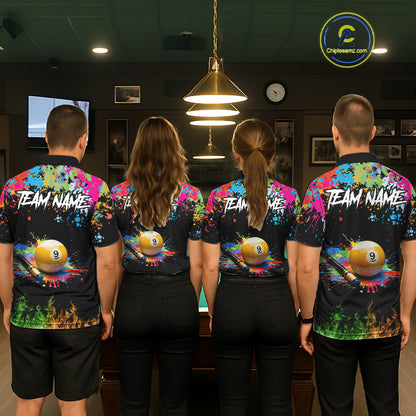Colorful Paint & Flame 9 Ball Billiard Shirt For Women Personalized Cue Billiard Team Shirt NYN3089