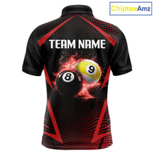 Load image into Gallery viewer, Custom 8 Ball &amp; 9 Ball Mens Billiard Shirt Personalized Thunder Red Billiard Pool Team Shirt NYN3090
