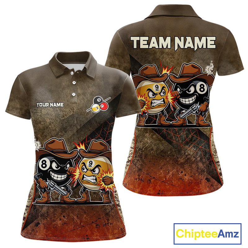 Funny Couple 8 Ball & 9 Ball Cowboys Billiard Shirt For Women Custom Brown Camo Billiard Pool Team Shirt NYN3092