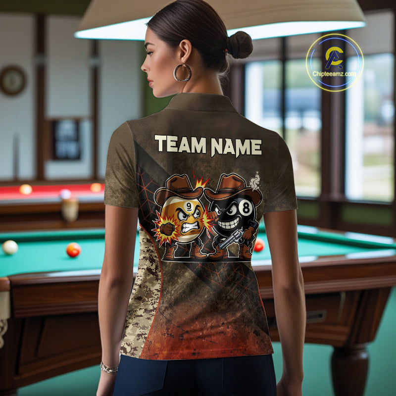 Funny Couple 8 Ball & 9 Ball Cowboys Billiard Shirt For Women Custom Brown Camo Billiard Pool Team Shirt NYN3092