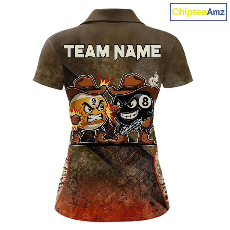 Funny Couple 8 Ball & 9 Ball Cowboys Billiard Shirt For Women Custom Brown Camo Billiard Pool Team Shirt NYN3092