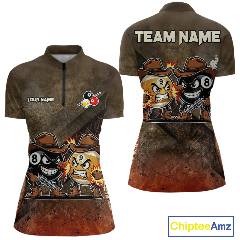 Funny Couple 8 Ball & 9 Ball Cowboys Billiard Shirt For Women Custom Brown Camo Billiard Pool Team Shirt NYN3092
