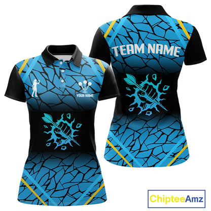 Women’s Custom Darts Shirt With Blue Cracked Pattern And Fist Holding Dart Arrow NYN0311