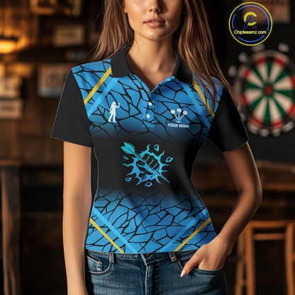 Women’s Custom Darts Shirt With Blue Cracked Pattern And Fist Holding Dart Arrow NYN0311