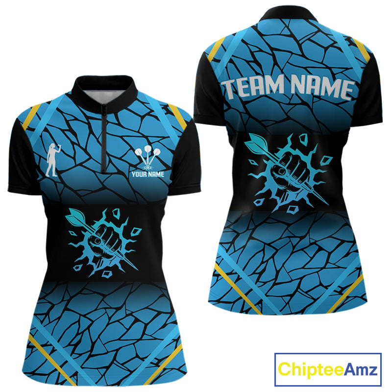 Women’s Custom Darts Shirt With Blue Cracked Pattern And Fist Holding Dart Arrow NYN0311