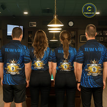 Load image into Gallery viewer, Blue Tribal Pattern Mens Billiard Shirts Custom Skull Crown 8 Ball &amp; 9 Ball Billiard Team Jersey NYN3541