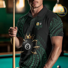 Load image into Gallery viewer, Male billiards player wearing Green Tribal Skull Crown pool jersey during APA and BCA competition