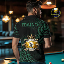 Load image into Gallery viewer, Male billiards player wearing Green Tribal Skull Crown pool jersey during APA and BCA competition