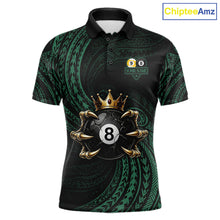 Load image into Gallery viewer, Green Tribal Skull Crown men's billiard polo shirt custom 8 ball 9 ball pool jersey, personalized billiards team apparel
