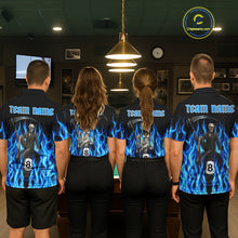 Load image into Gallery viewer, Men women billiard team wearing Blue Grim Reaper custom fire flame pool uniforms, professional billiards jerseys