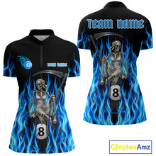 Load image into Gallery viewer, Blue Grim Reaper women's quarter zip billiard shirt custom flame pool team jersey, tournament cue sports uniform