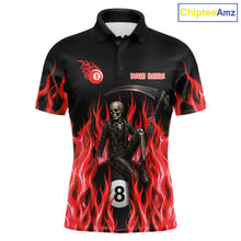 Load image into Gallery viewer, Red Grim Reaper men's billiard polo shirt custom fire flame pool jersey, personalized billiards team apparel