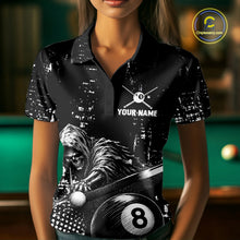 Load image into Gallery viewer, Female pool player wearing Grim Reaper Plays 8 Ball billiard jersey during APA league and cue sports competition