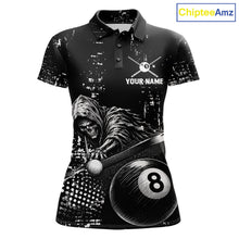 Load image into Gallery viewer, Grim Reaper Plays 8 Ball women's billiard polo shirt custom black white grunge pool jersey, personalized billiards apparel