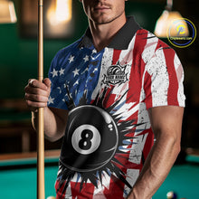 Load image into Gallery viewer, Male pool player wearing American Flag Strikes 8 Ball patriotic billiard jersey during league and tournament play, custom billiards apparel