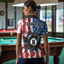 Load image into Gallery viewer, Female pool player wearing American Flag Strikes 8 Ball patriotic billiard jersey during league and tournament play