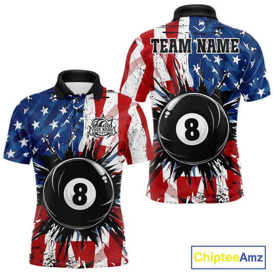 American Flag Strikes 8 Ball men's billiard polo shirt custom patriotic pool jersey, personalized USA billiards team apparel, custom pool team uniform, APA league shirt