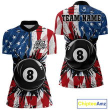 Load image into Gallery viewer, American Flag Strikes 8 Ball women's quarter zip billiard shirt custom patriotic team jersey, professional cue sports uniform