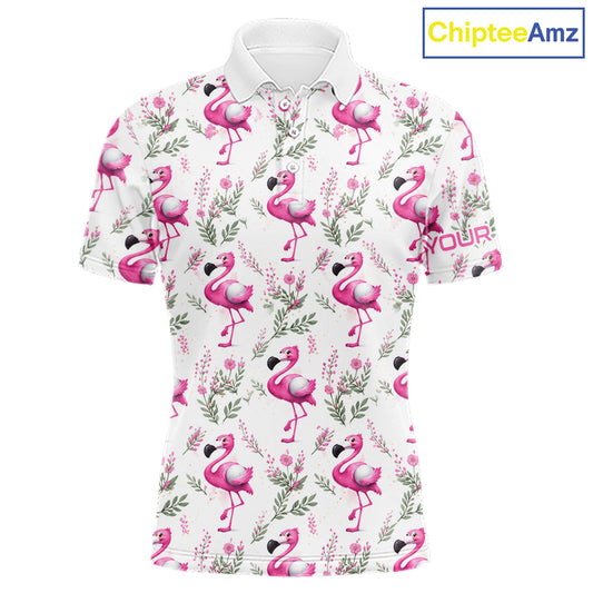 Custom Name Golf Polo Shirt For Men Personalized Watercolor Pink Flamingo Floral Pattern Golf Shirt NYN4543