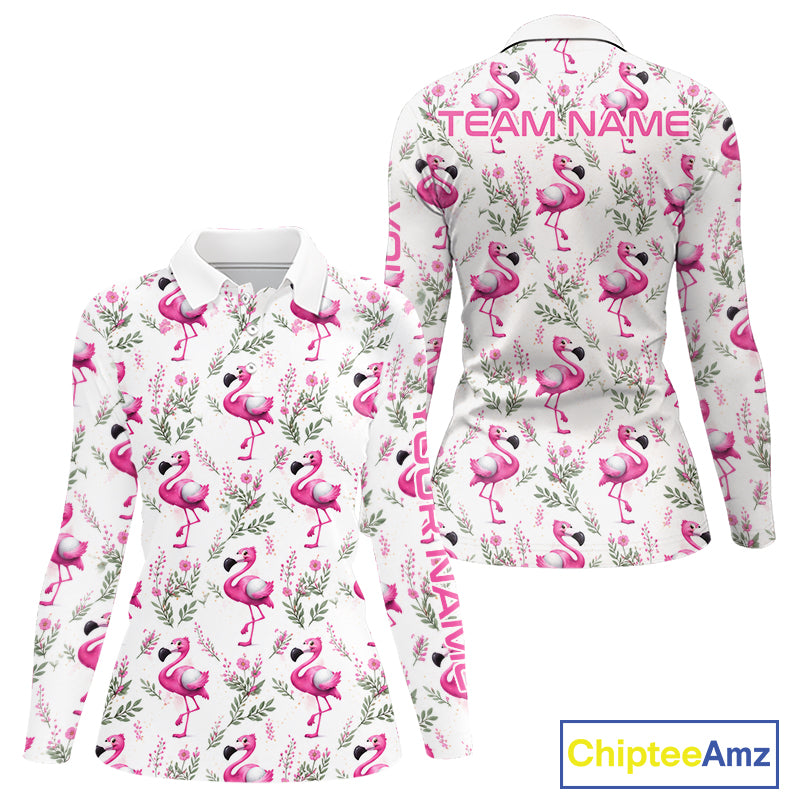 Custom Name Golf Polo Shirt For Women Personalized Watercolor Pink Flamingo Floral Pattern Golf Shirt NYN4543