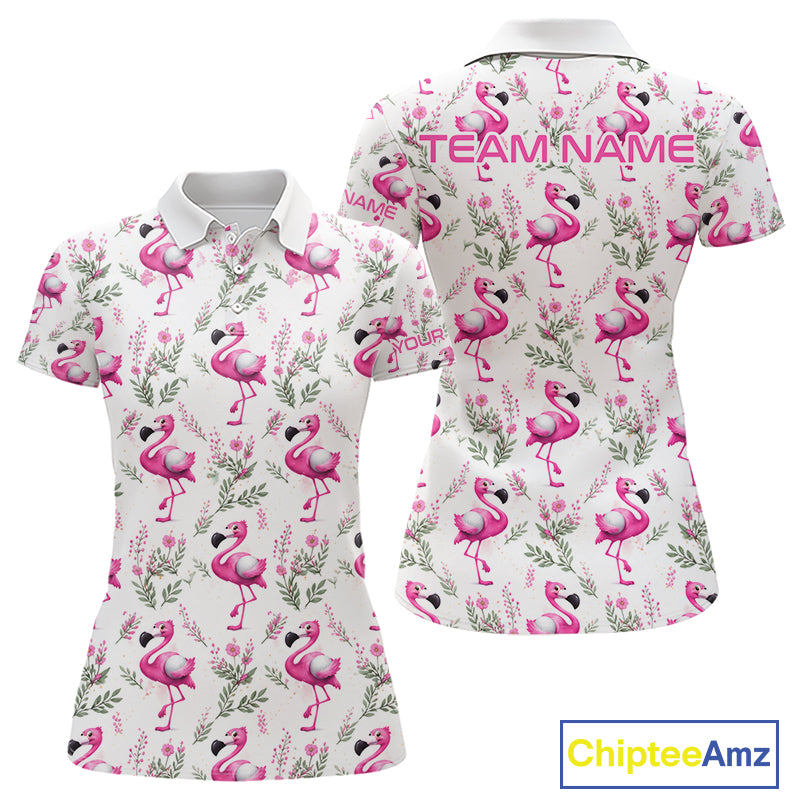 Custom Name Golf Polo Shirt For Women Personalized Watercolor Pink Flamingo Floral Pattern Golf Shirt NYN4543