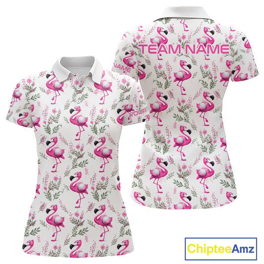 Custom Name Golf Polo Shirt For Women Personalized Watercolor Pink Flamingo Floral Pattern Golf Shirt NYN4543