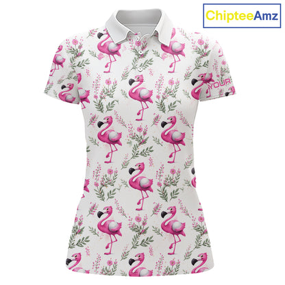 Custom Name Golf Polo Shirt For Women Personalized Watercolor Pink Flamingo Floral Pattern Golf Shirt NYN4543