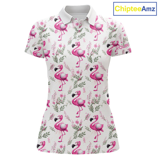 Custom Name Golf Polo Shirt For Women Personalized Watercolor Pink Flamingo Floral Pattern Golf Shirt NYN4543