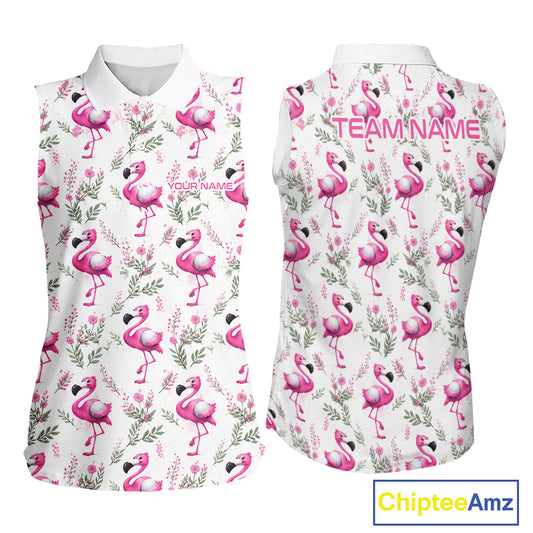 Custom Name Golf Sleeveless Polo Shirt For Women Personalized Watercolor Pink Flamingo Floral Pattern Golf Shirt NYN4543