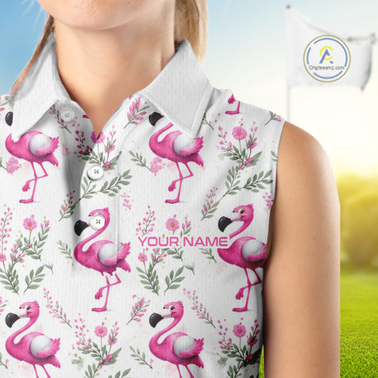 Custom Name Golf Sleeveless Polo Shirt For Women Personalized Watercolor Pink Flamingo Floral Pattern Golf Shirt NYN4543