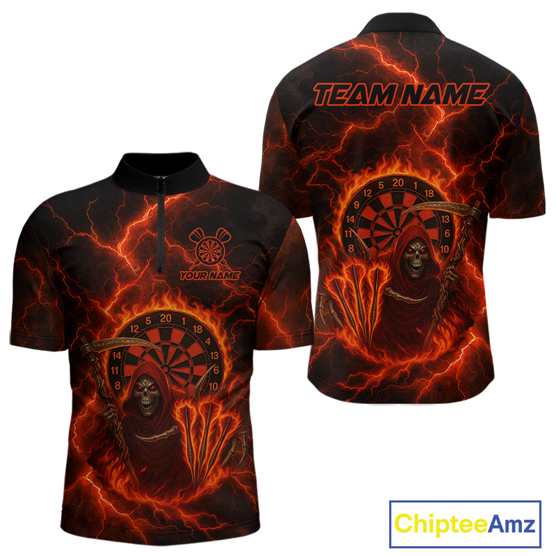 Custom Red Flames Grim Reaper Lightning Dart Men 1/4-Zip Jerseys Outfits Dart Gifts NYN1719