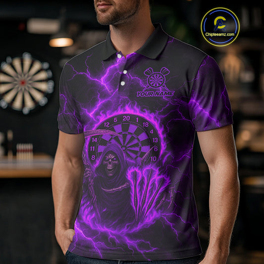 Custom Purple Flames Grim Reaper Lightning Dart Men Polo Jerseys Outfits Dart Gifts NYN1720