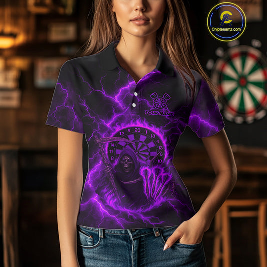 Custom Purple Flames Grim Reaper Lightning Dart Women Polo Jerseys Outfits Dart Gifts NYN1720