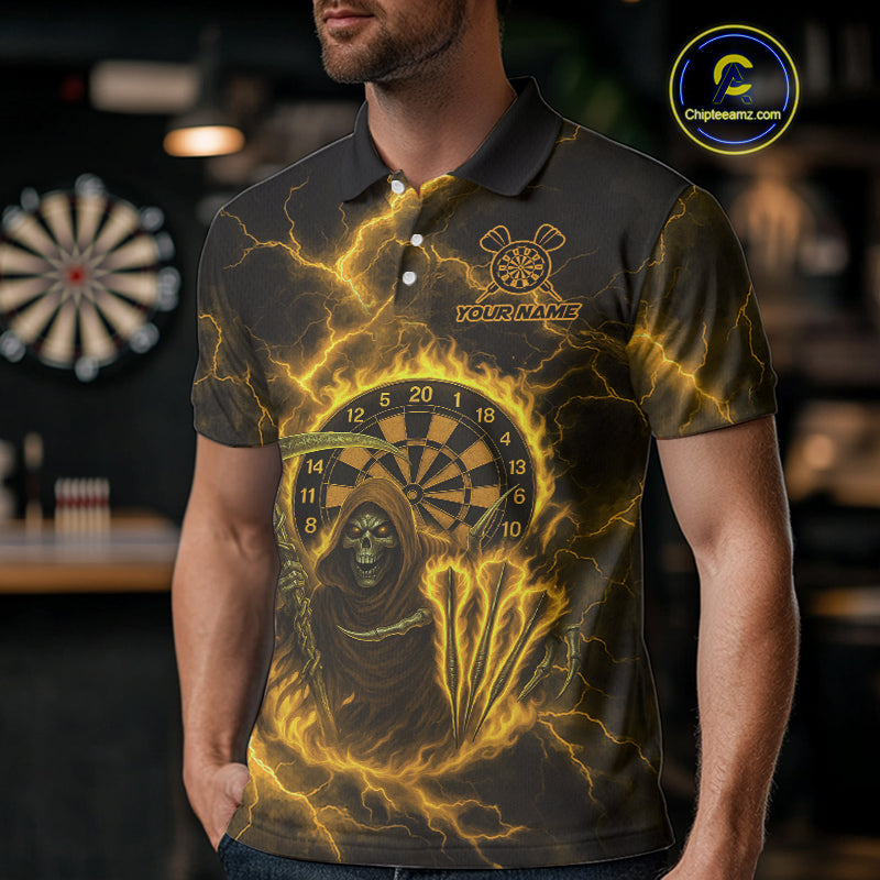 Custom Yellow Flames Grim Reaper Lightning Dart Men Polo Jerseys Outfits Dart Gifts NYN1721
