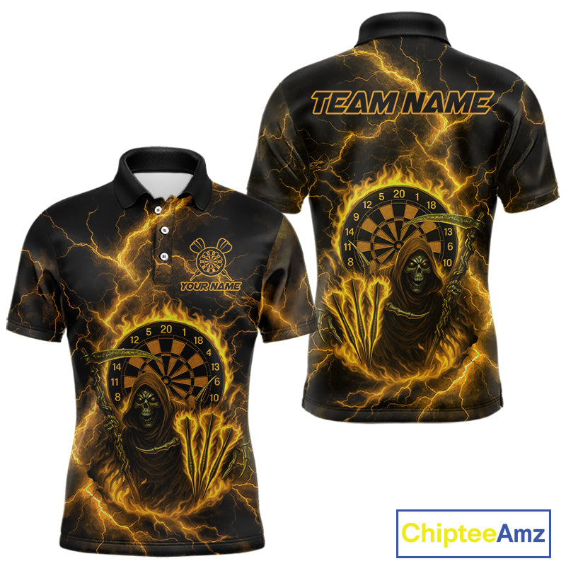 Custom Yellow Flames Grim Reaper Lightning Dart Men Polo Jerseys Outfits Dart Gifts NYN1721