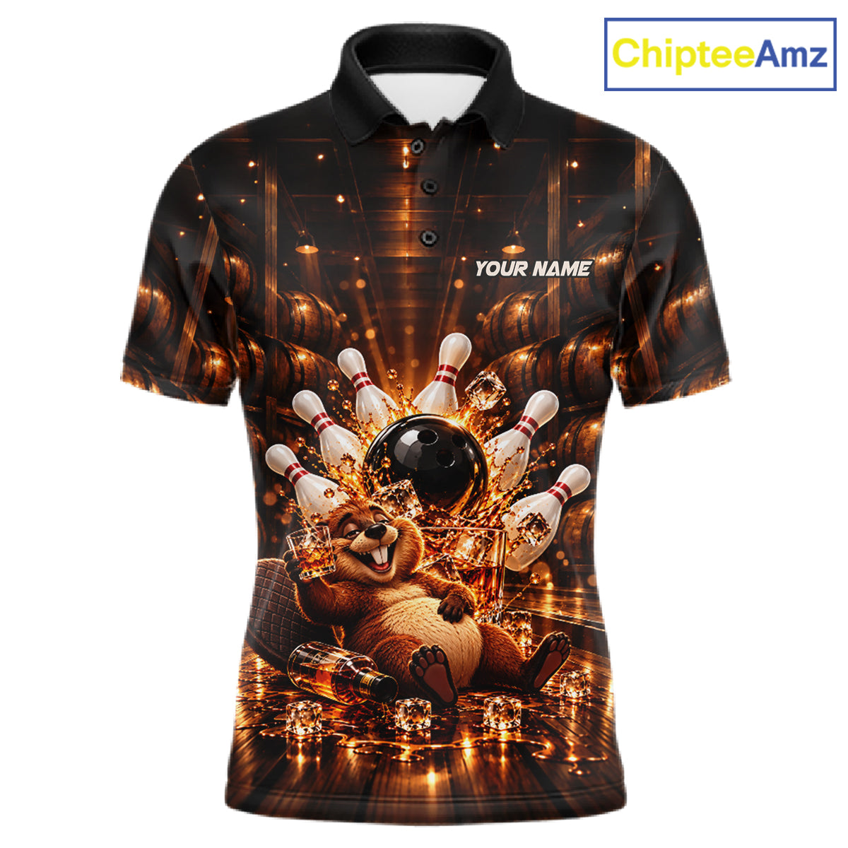 Funny Beaver Bourbon Bowling Polo 1/4-Zip Bowling Shirt For Men Custom Vintage Bowling Team Jersey NYN4910