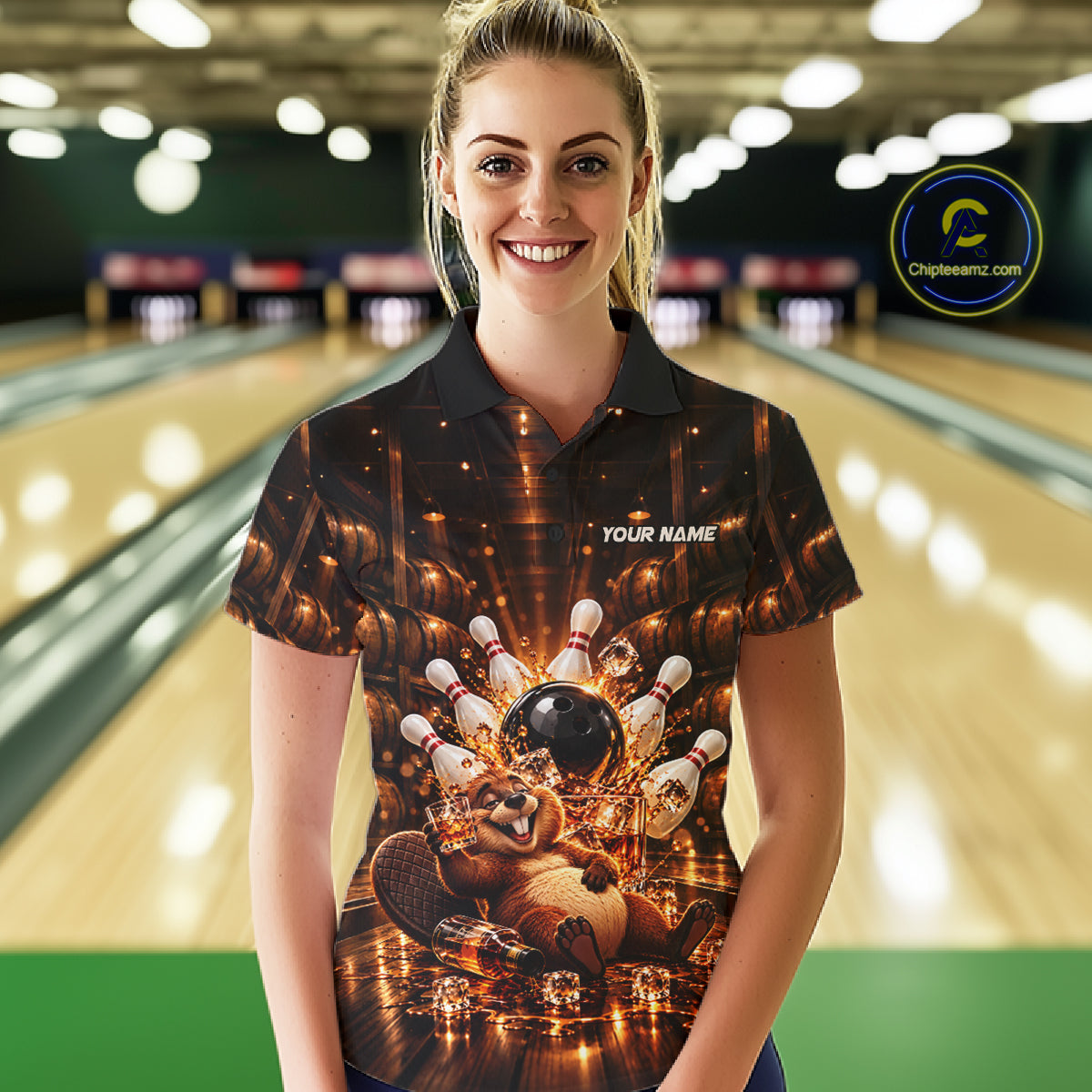 Funny Beaver Bourbon Bowling Polo 1/4-Zip Bowling Shirt For Women Custom Vintage Bowling Team Jersey NYN4910