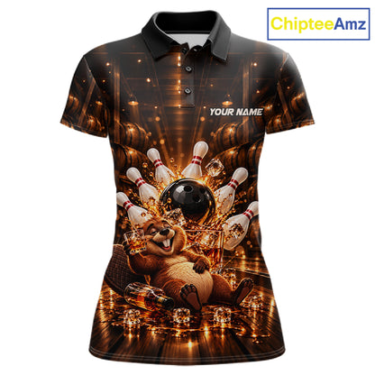 Funny Beaver Bourbon Bowling Polo 1/4-Zip Bowling Shirt For Women Custom Vintage Bowling Team Jersey NYN4910