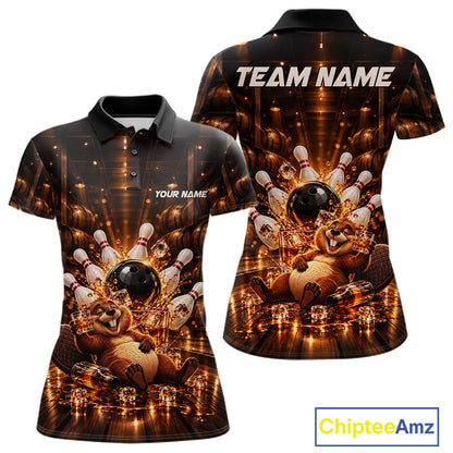 Funny Beaver Bourbon Bowling Polo 1/4-Zip Bowling Shirt For Women Custom Vintage Bowling Team Jersey NYN4910